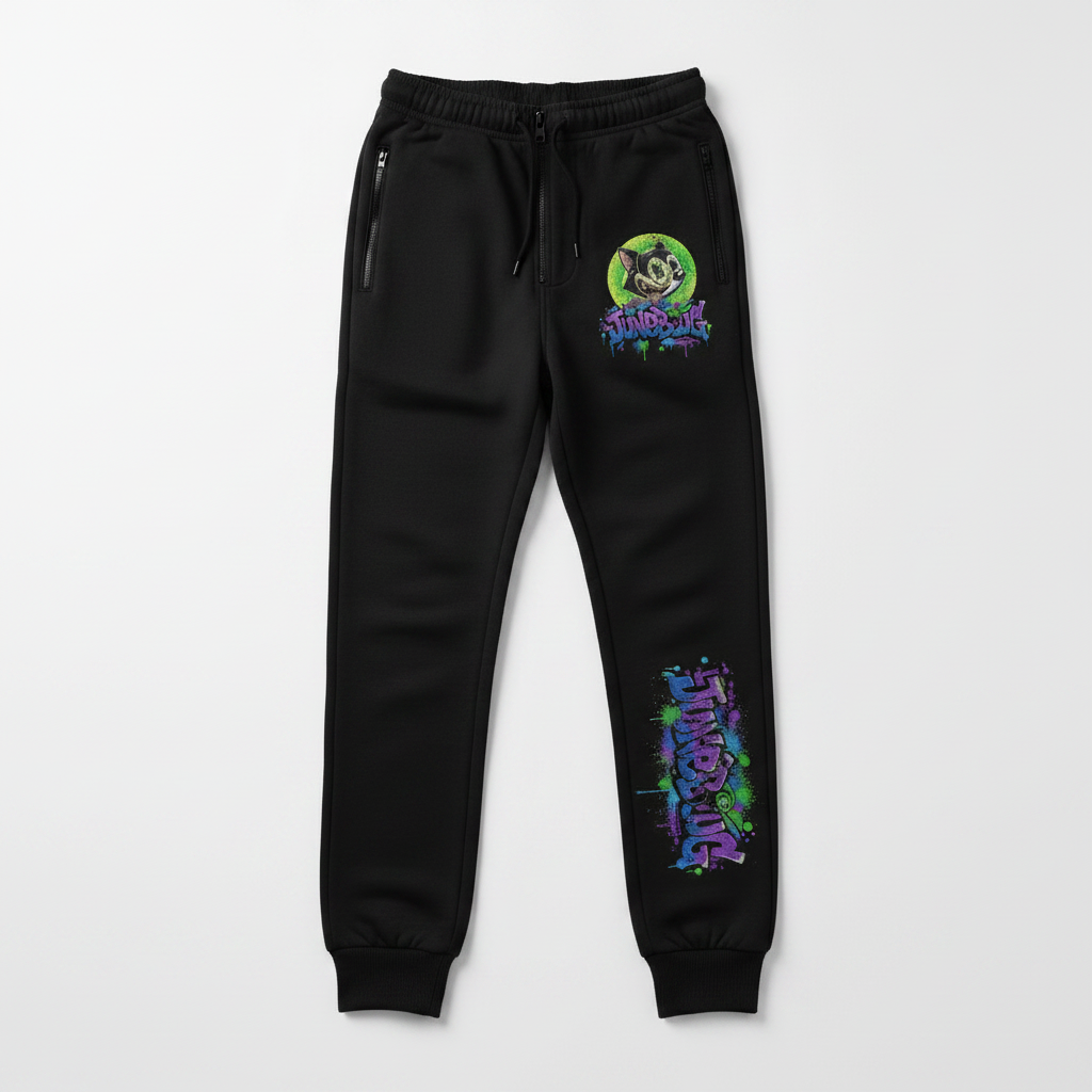 Junebug Graffiti Low-Top Sneakers with all-over green purple and blue Hipno Cat graffiti print and drip-style sole detailing