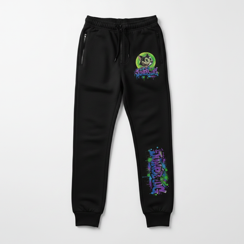 Junebug Graffiti Low-Top Sneakers with all-over green purple and blue Hipno Cat graffiti print and drip-style sole detailing