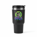 Junebug Hipno Cat matte black 30 oz stainless steel travel tumbler with graffiti cat artwork and silver accent ring