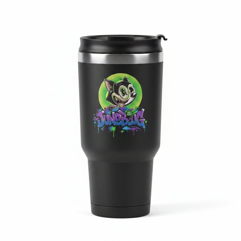 Junebug Hipno Cat matte black 30 oz stainless steel travel tumbler with graffiti cat artwork and silver accent ring
