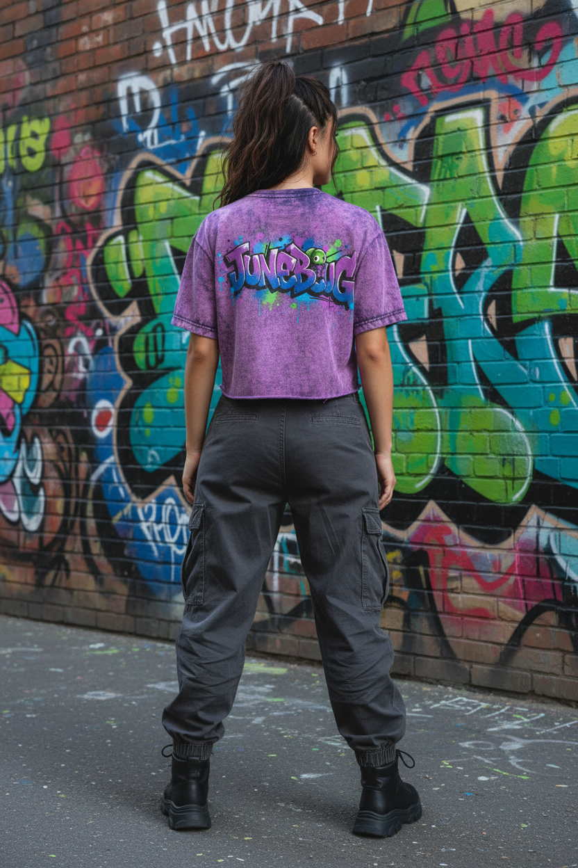 JuneBug women's cropped acid wash purple tee showing bold JuneBug text graphic printed across the back