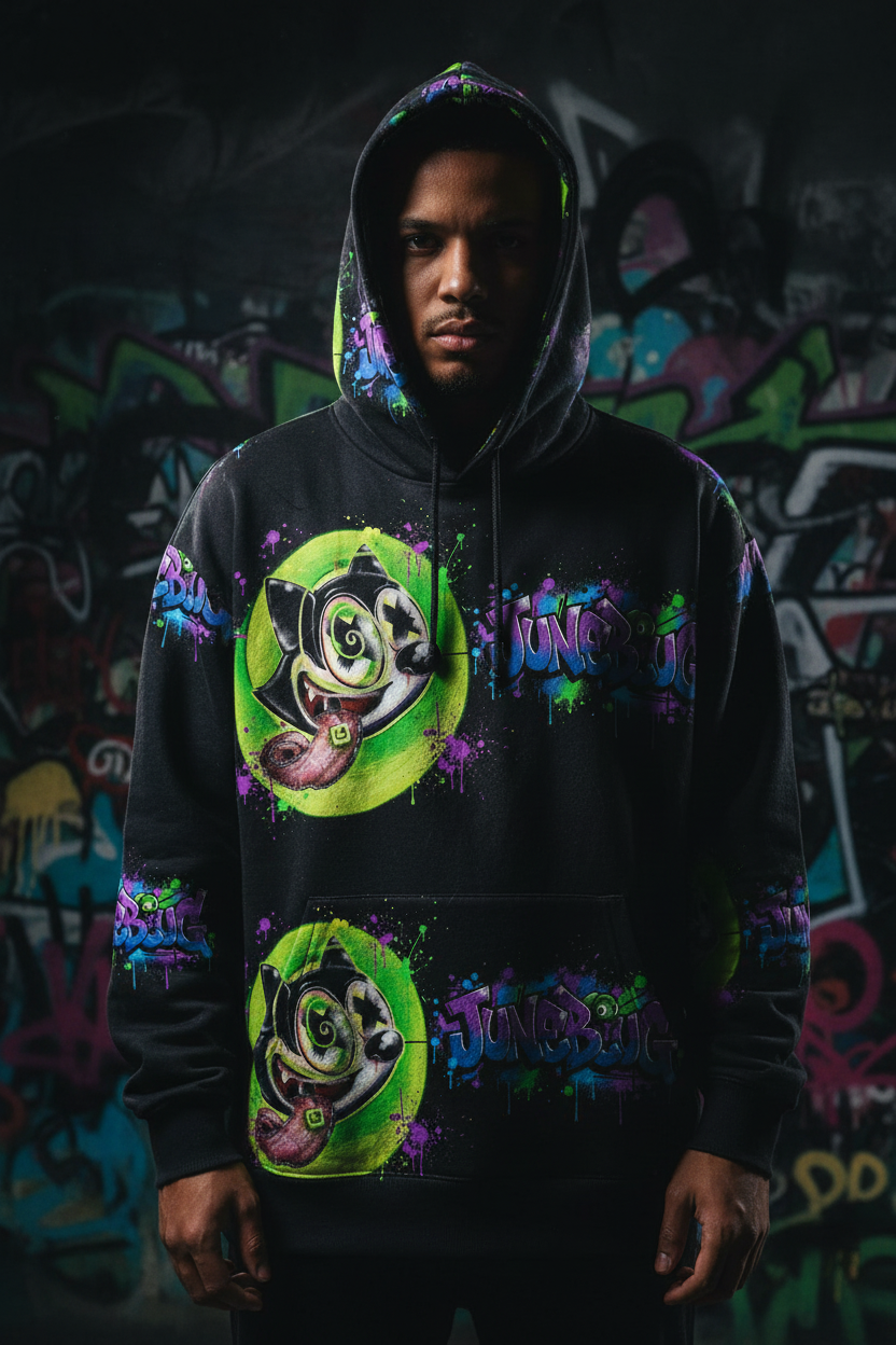 Men's oversized hoodie with all-over JuneBug cat character and paint splatter print in black green and purple colorway