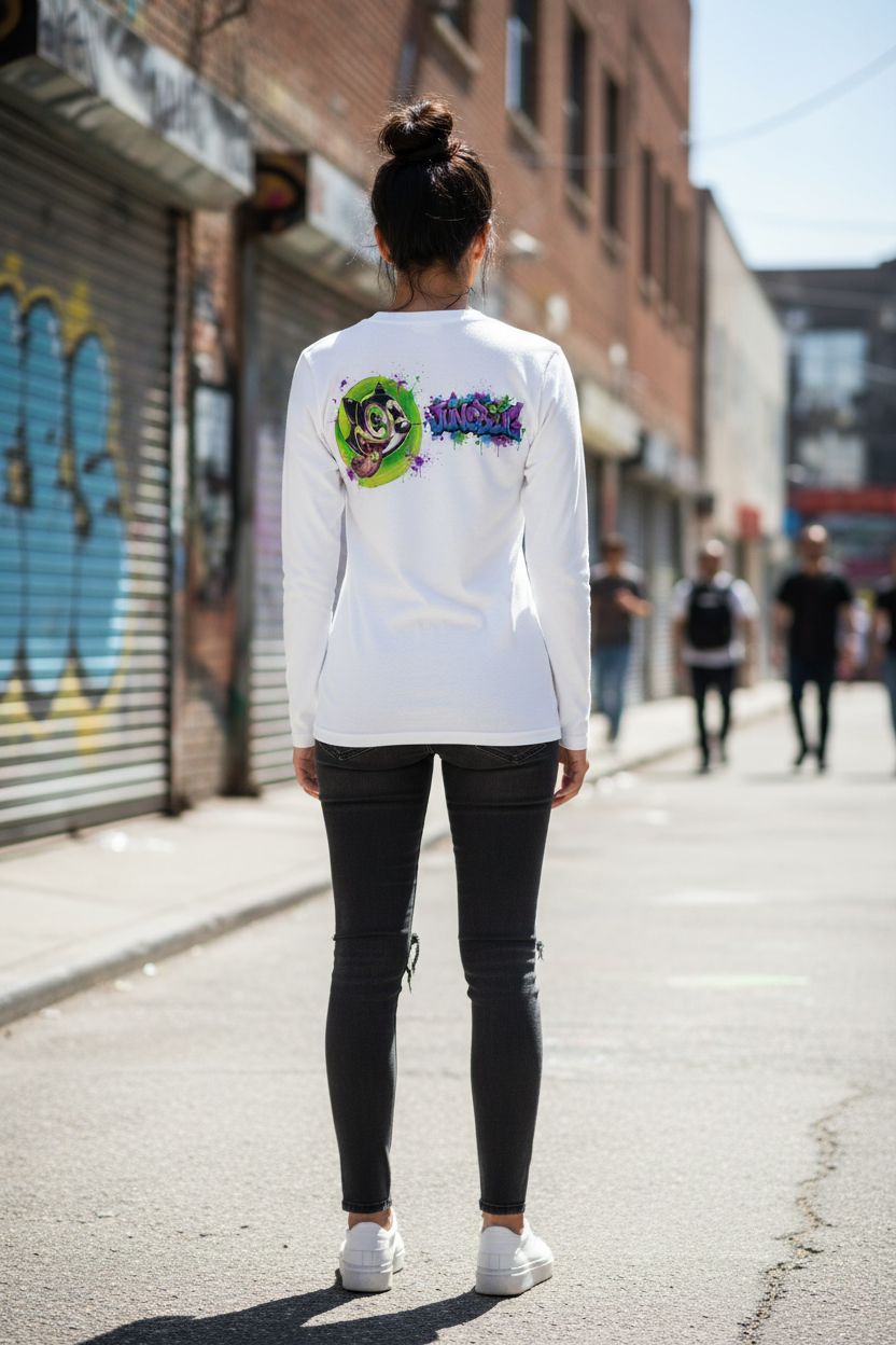 JuneBug women's black long-sleeve graphic tee showing large back print design, fitted silhouette