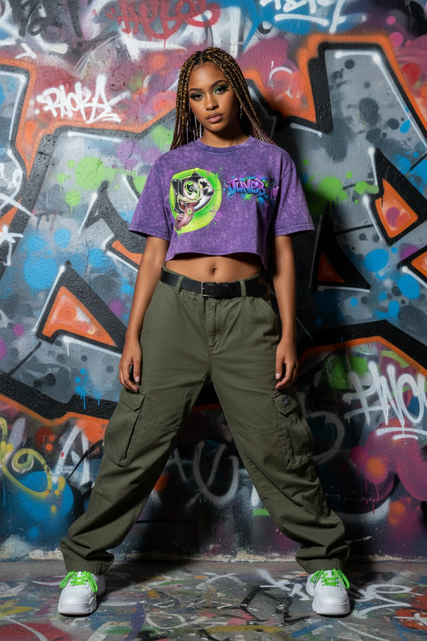 JuneBug women's cropped acid wash purple graphic tee with graffiti logo on the front, shown from the front