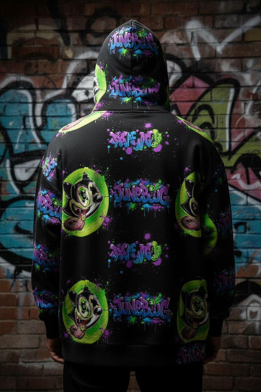 Front and back view of JuneBug all-over print men's hoodie featuring repeating cat graphic pattern on black background