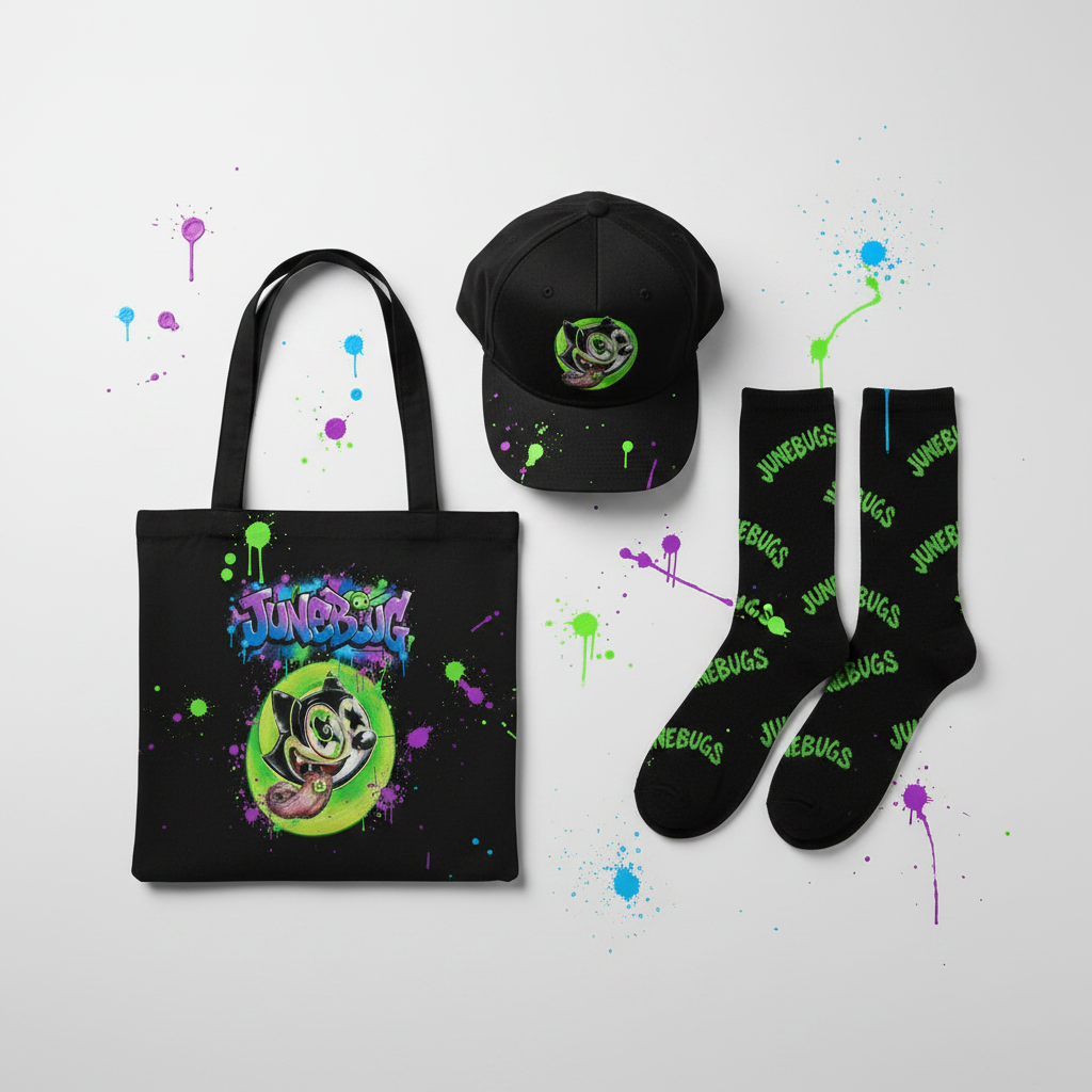 Junebugs Accessories Pack featuring black snapback cap with embroidered cat, black canvas tote bag with graffiti text, and black socks with neon green logo