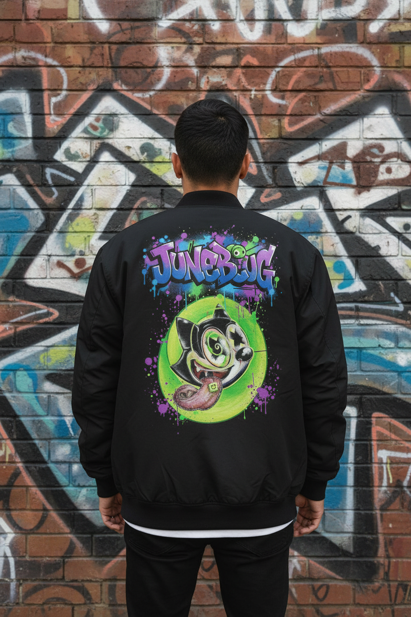 Junebugs Bomber Jacket with large graffiti cat graphic and neon green purple and blue paint splatter on the back