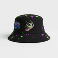 Black cotton bucket hat with embroidered Junebugs graffiti cat character and neon green and purple paint splatter accents on front panel