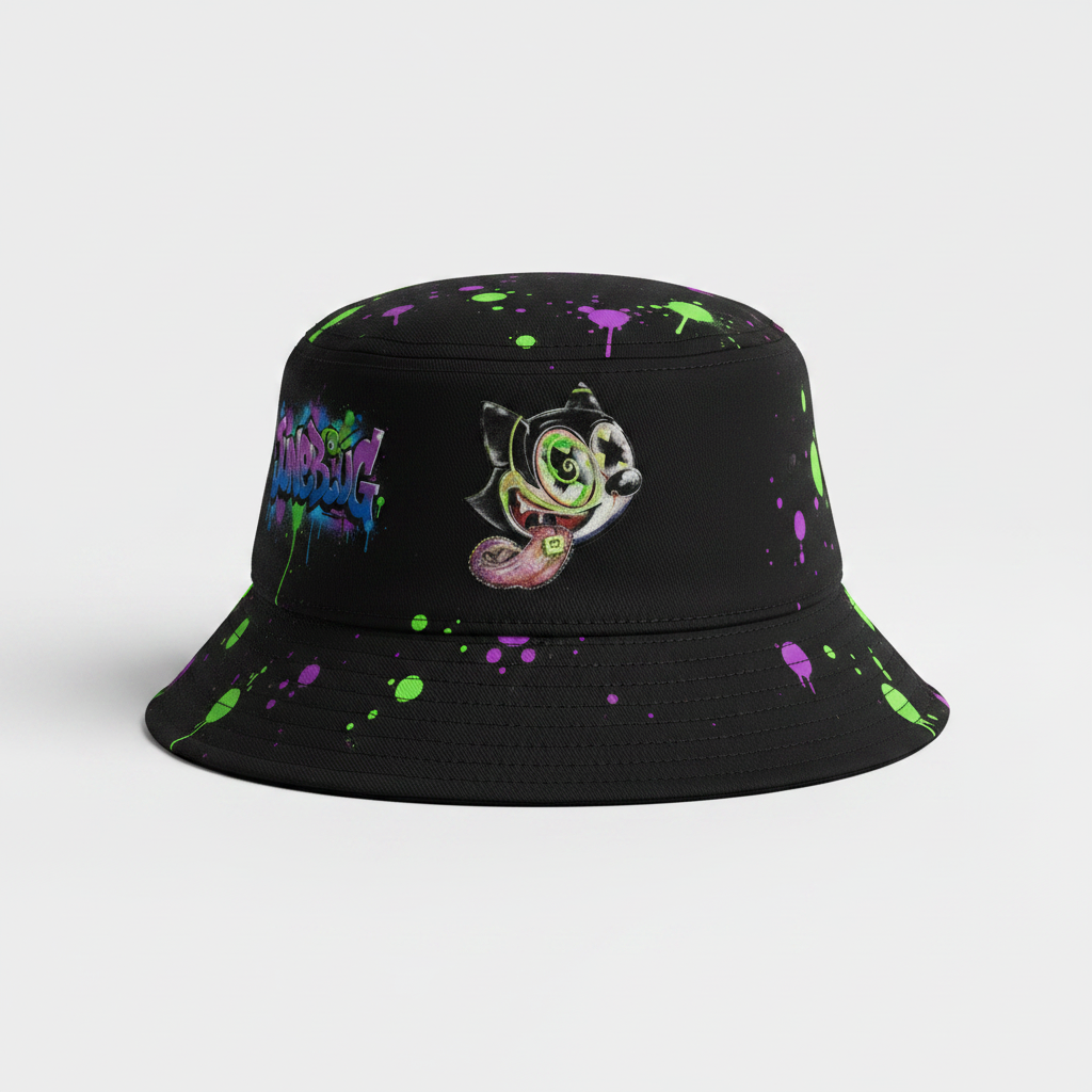 Black cotton bucket hat with embroidered Junebugs graffiti cat character and neon green and purple paint splatter accents on front panel