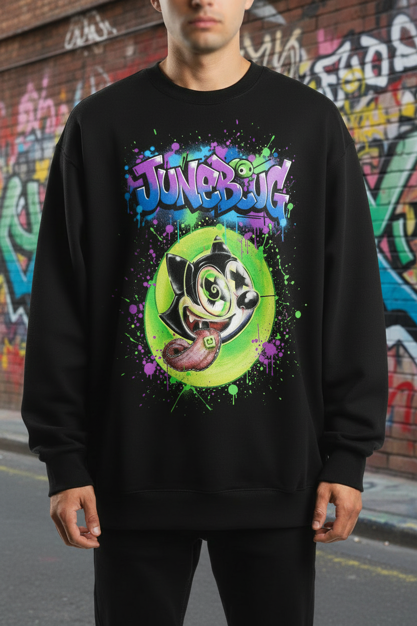 Junebugs oversized graphic tee with graffiti cat character and neon green paint splatter on white cotton unisex streetwear shirt