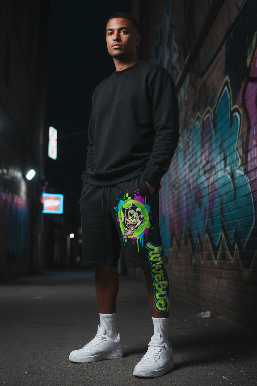 Black streetwear shorts with Junebugs graffiti cat graphic and neon paint splatter on left leg and JUNEBUG text on right leg
