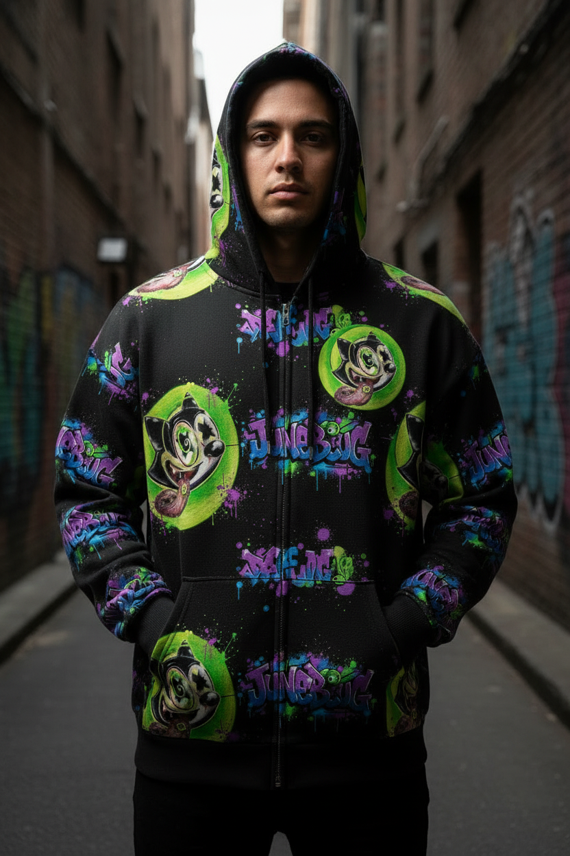 Junebugs all-over print zip-up hoodie with neon green purple and blue graffiti cat and JUNEBUG text on full fabric