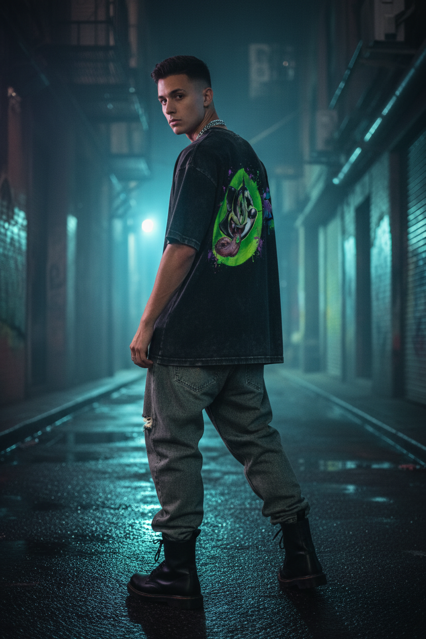 Men's oversized washed black t-shirt with large full-back graffiti logo print streetwear style
