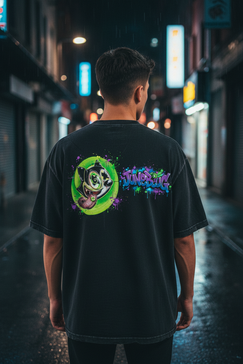 JuneBug heavyweight oversized tee showing full back graphic print in washed black colorway