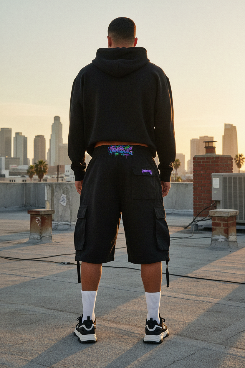 Close-up of JuneBug graffiti logo on black men's cargo shorts showing multiple side pockets