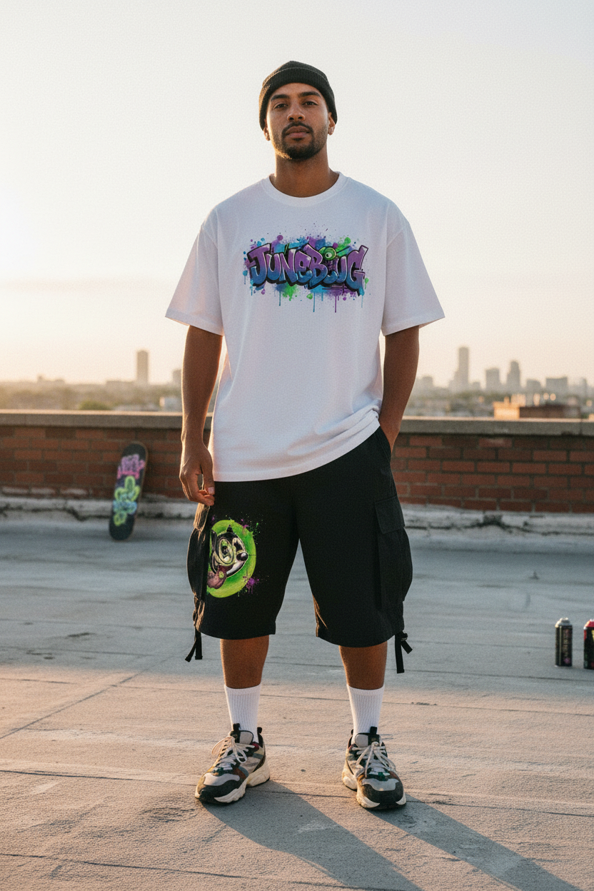 JuneBug Men's black oversized cargo shorts with graffiti logo print on left thigh, front view
