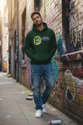 JuneBug Men's dark forest green oversized pullover hoodie with graffiti cat logo on chest, front view