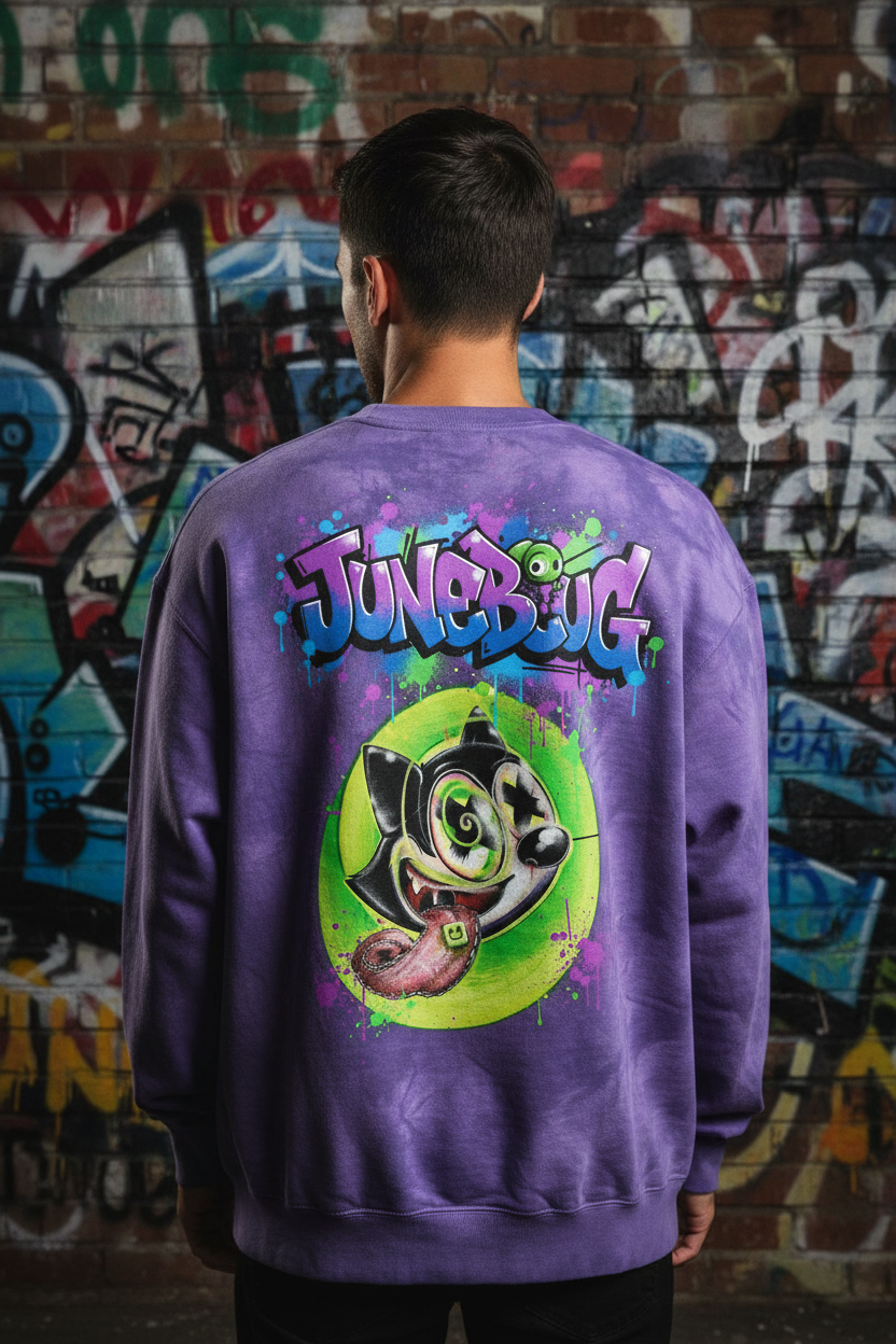 Back view of JuneBug men's purple tie-dye crewneck tee featuring bold graffiti text across the shoulders