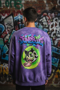 JuneBug men's acid-washed purple crewneck sweatshirt with large graffiti cat logo printed on the back