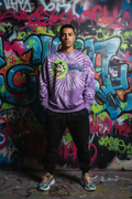 JuneBug men's oversized acid wash purple tie-dye crewneck tee with large graffiti logo on the front chest