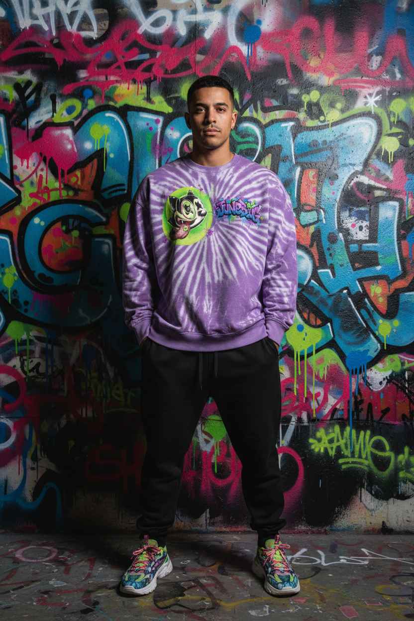 JuneBug men's oversized acid wash purple tie-dye crewneck tee with large graffiti logo on the front chest