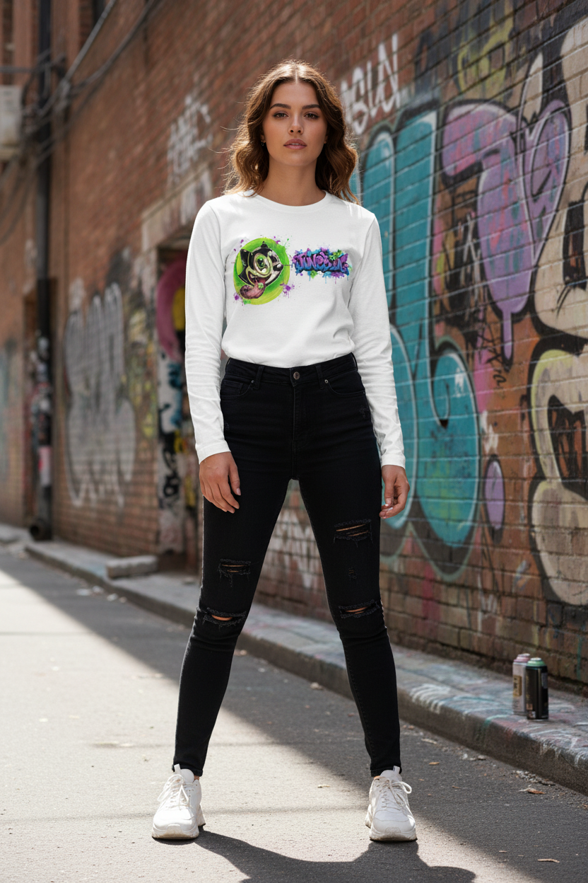 JuneBug women's fitted white long-sleeve tee with bold graffiti logo on the front and large graphic back print