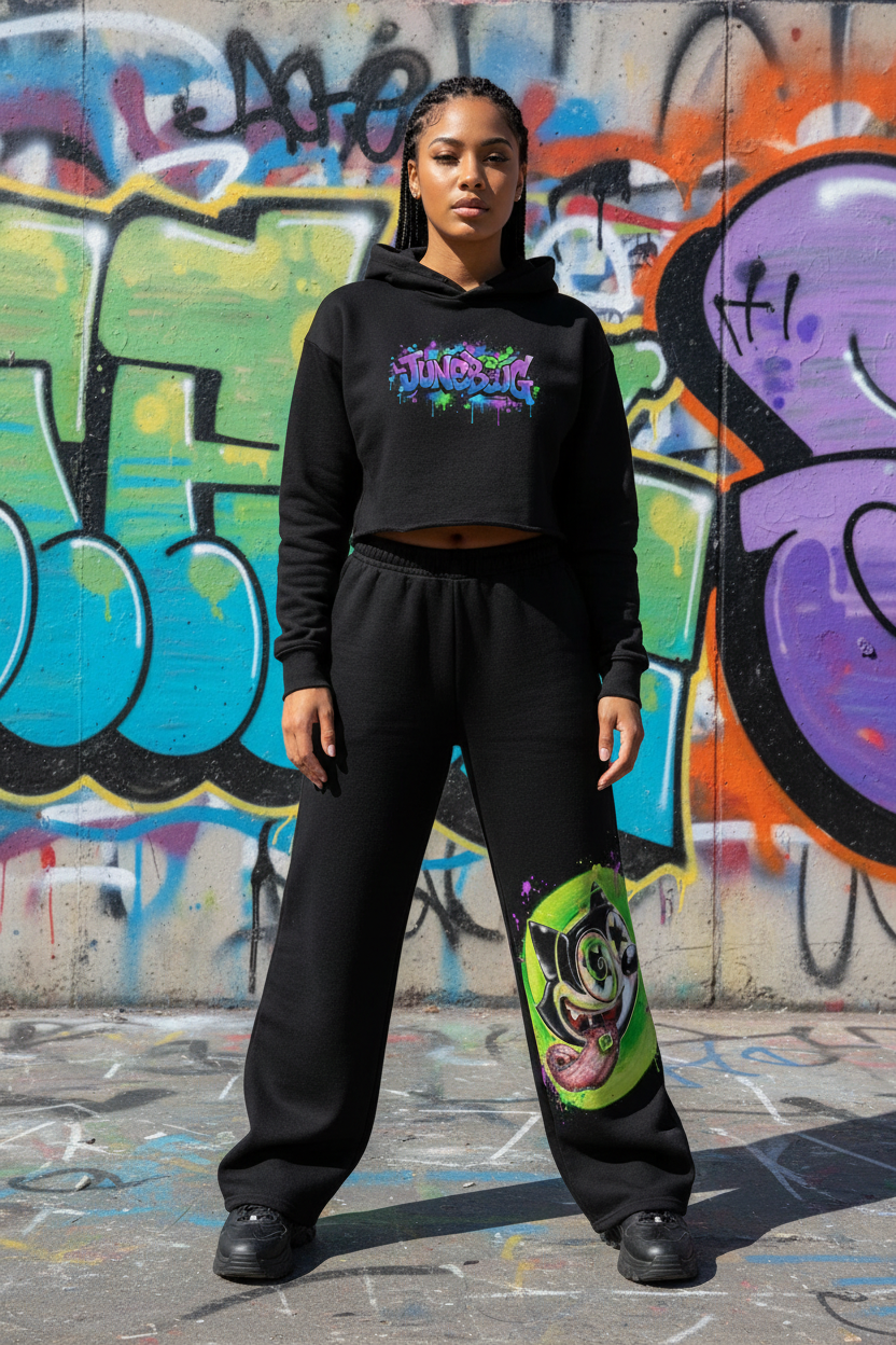 JuneBug Women's Wide-Leg Sweatpants in black with graffiti logo down the leg, worn by a woman in a relaxed streetwear outfit