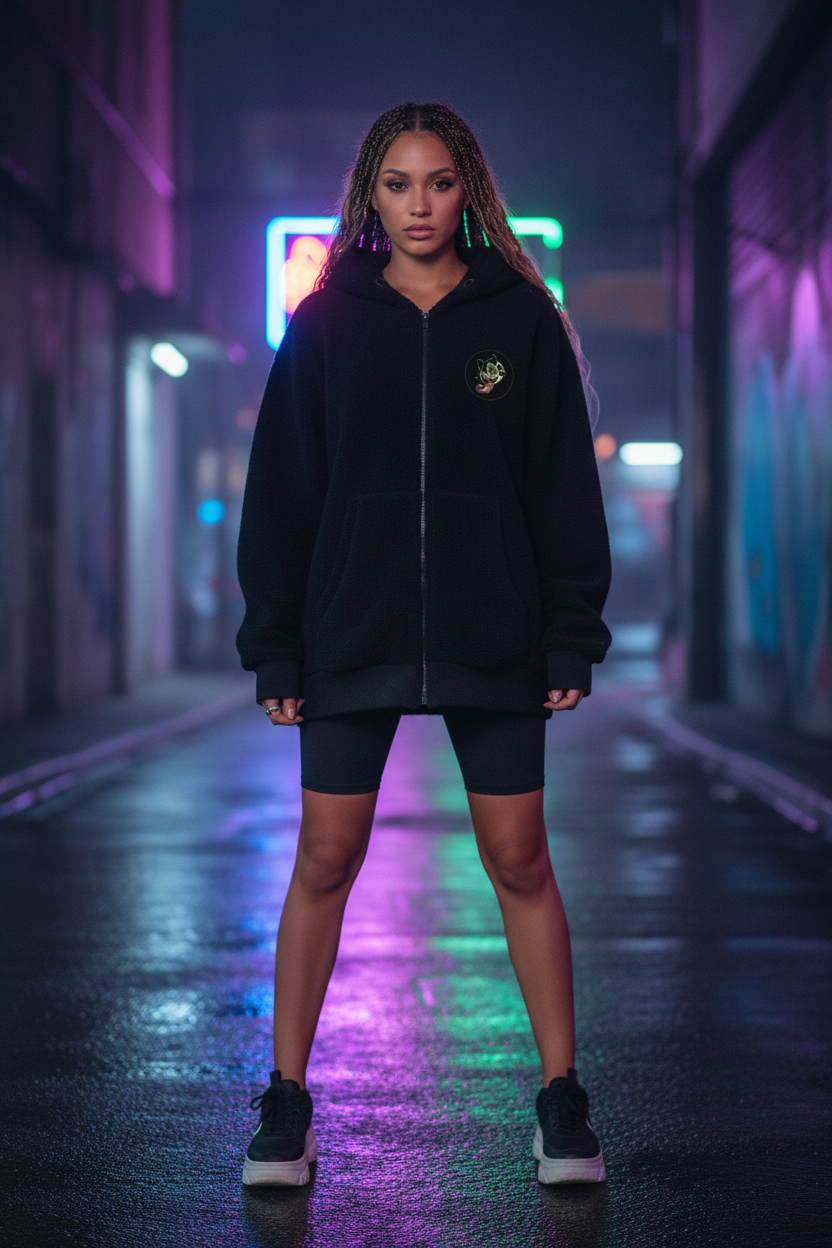 JuneBug Women's black oversized zip-up hoodie with large graffiti print across the full back